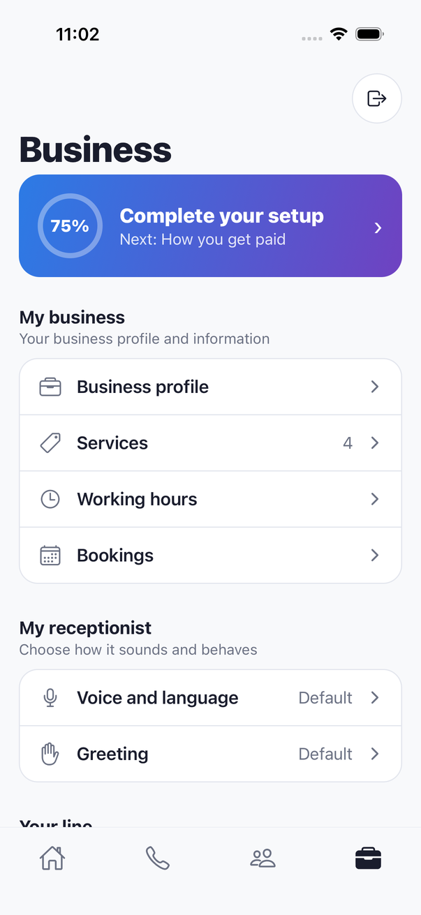RingCue Business screen: profile, services, working hours, receptionist