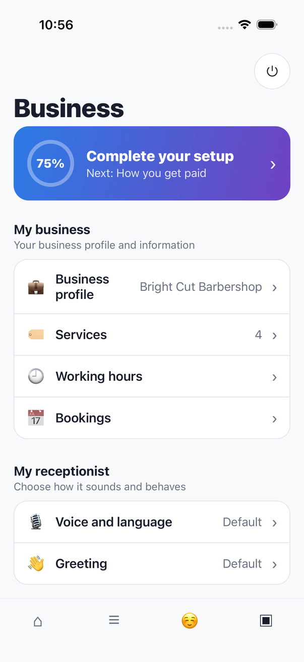 The RingCue app showing a business's number and a Try a test call button