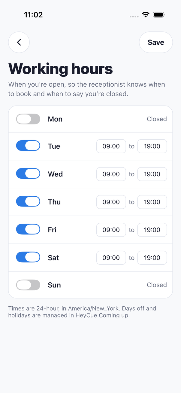 RingCue working hours screen